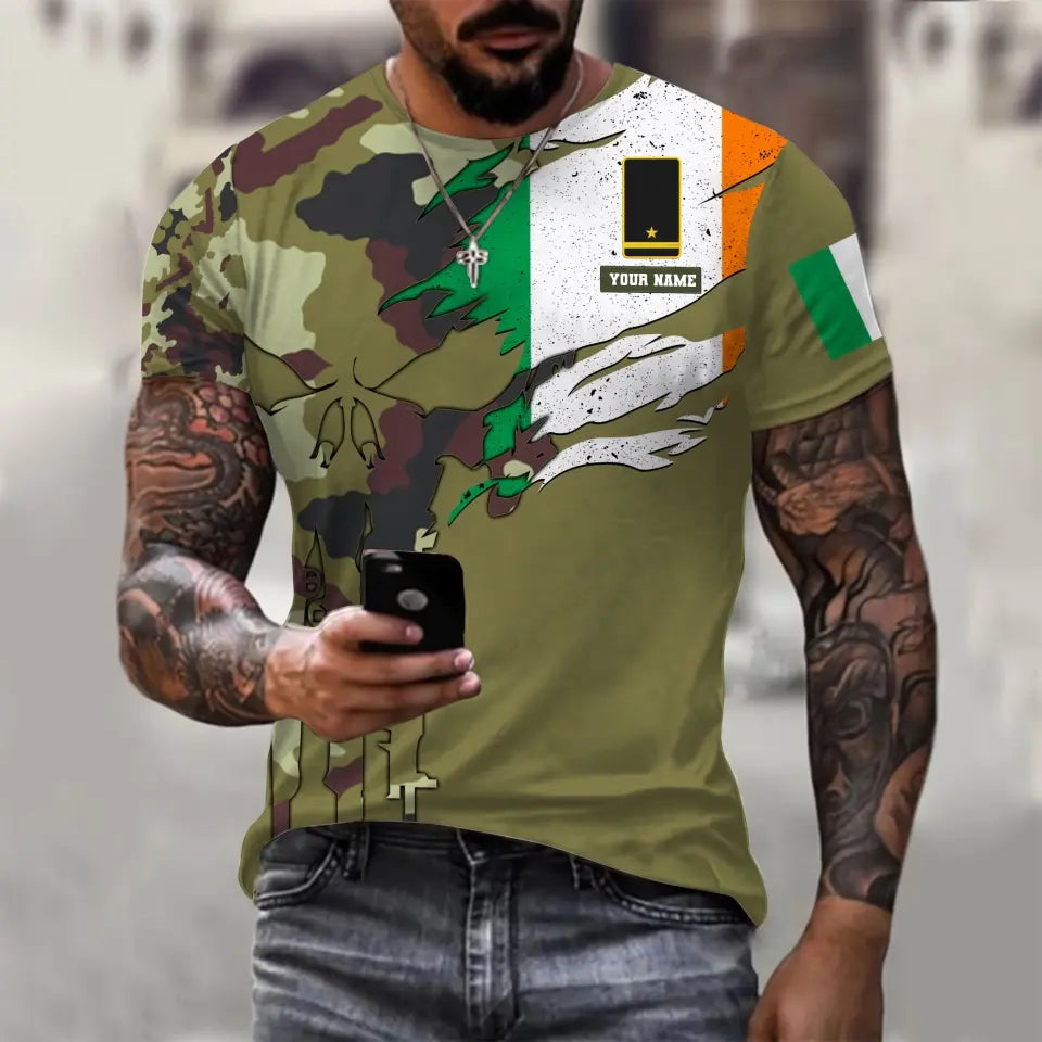 Personalized Ireland Soldier/ Veteran Camo With Name And Rank  T-shirt 3D Printed  - 0311230001