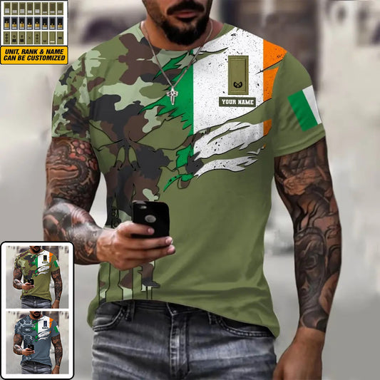 T-shirt personnalisé avec camouflage soldat/vétéran irlandais avec nom et grade imprimé en 3D - 0311230001