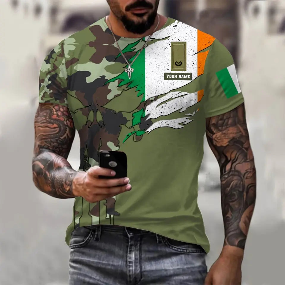 Personalized Ireland Soldier/ Veteran Camo With Name And Rank  T-shirt 3D Printed  - 0311230001