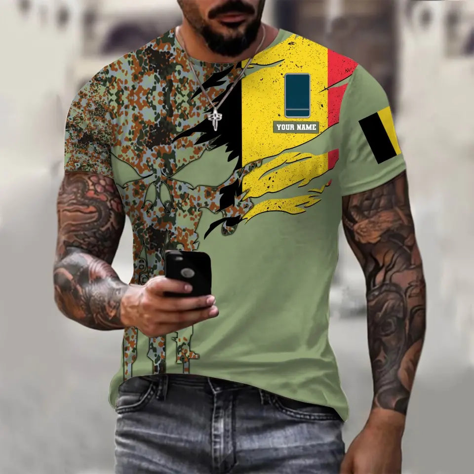 T-shirt personnalisé avec camouflage soldat/vétéran belge avec nom et grade imprimé en 3D - 0311230001