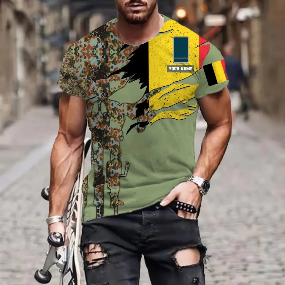 T-shirt personnalisé avec camouflage soldat/vétéran belge avec nom et grade imprimé en 3D - 0311230001