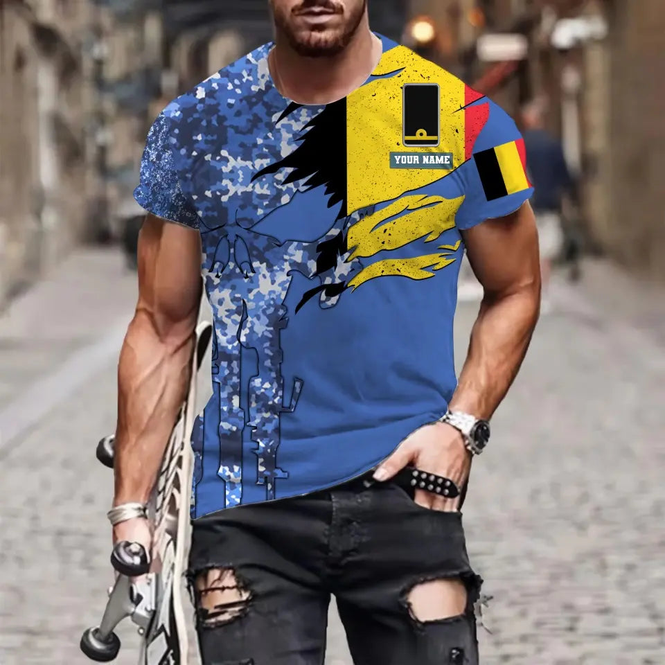 T-shirt personnalisé avec camouflage soldat/vétéran belge avec nom et grade imprimé en 3D - 0311230001