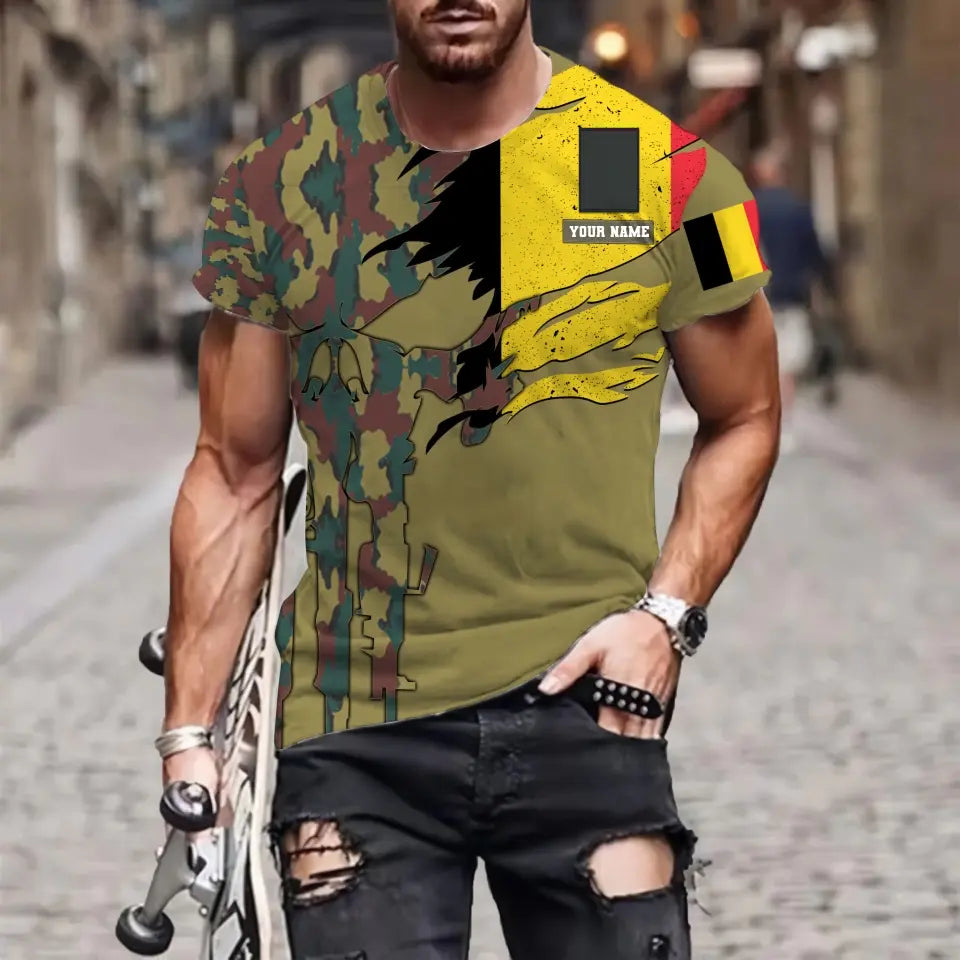 T-shirt personnalisé avec camouflage soldat/vétéran belge avec nom et grade imprimé en 3D - 0311230001