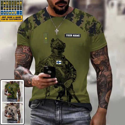 Personalized Finland Soldier/ Veteran Camo With Name And Rank  T-shirt 3D Printed  -1212230001