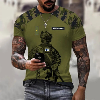Personalized Finland Soldier/ Veteran Camo With Name And Rank  T-shirt 3D Printed  -1212230001