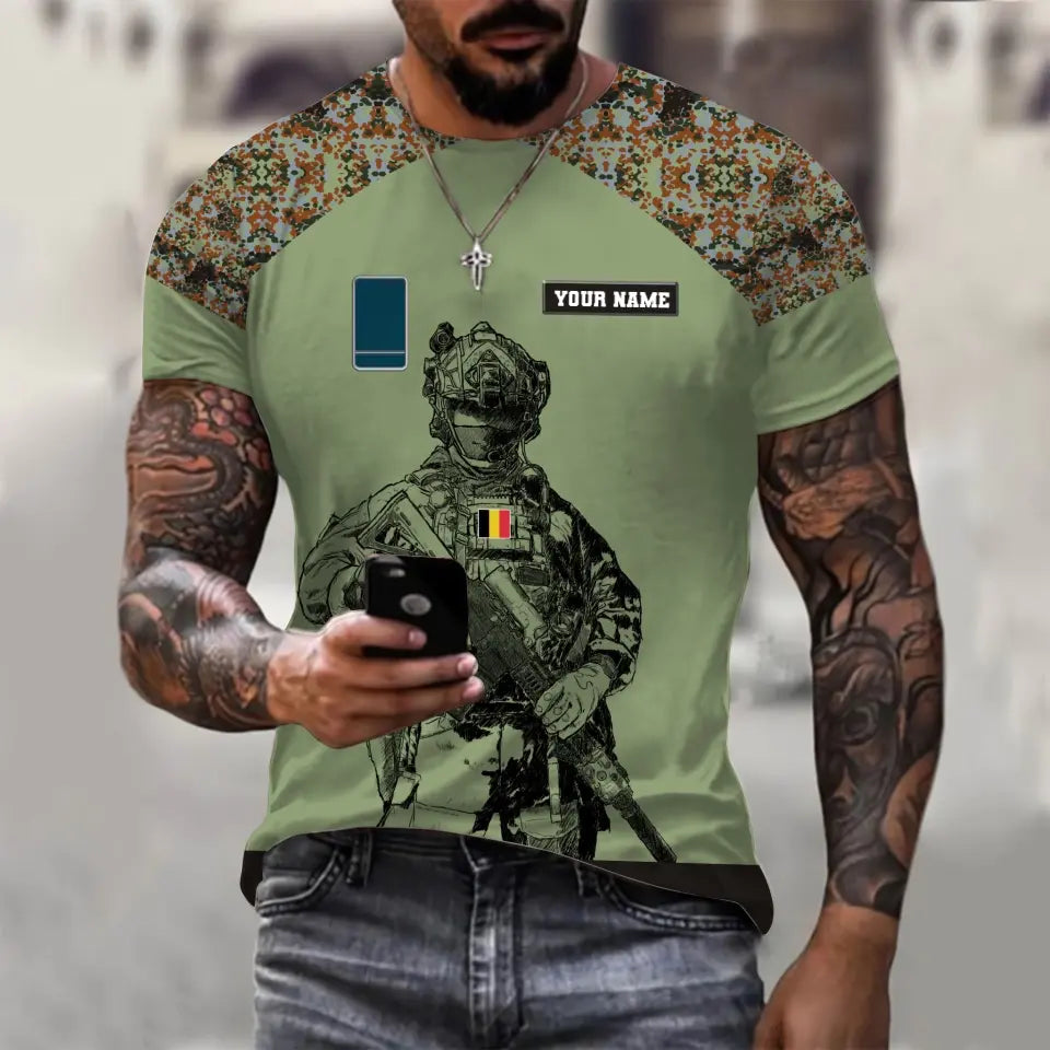 Personalized Belgium Soldier/ Veteran Camo With Name And Rank  T-shirt 3D Printed  - 17023392