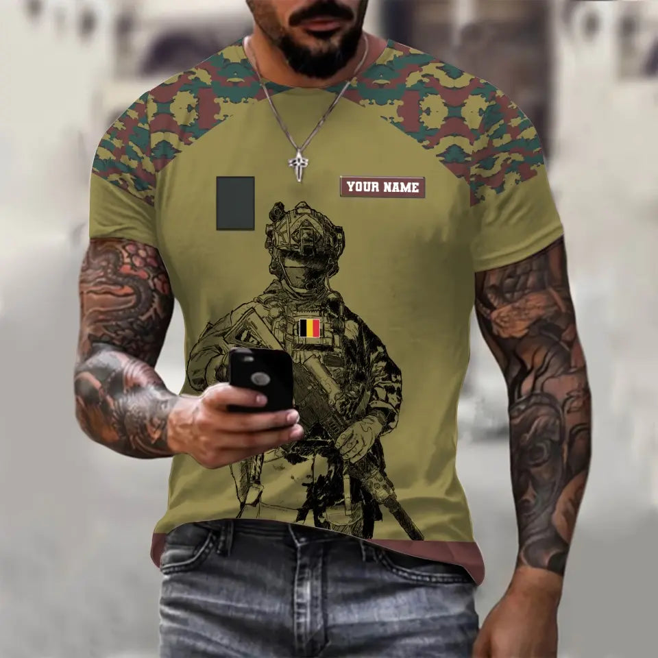 Personalized Belgium Soldier/ Veteran Camo With Name And Rank  T-shirt 3D Printed  - 17023392