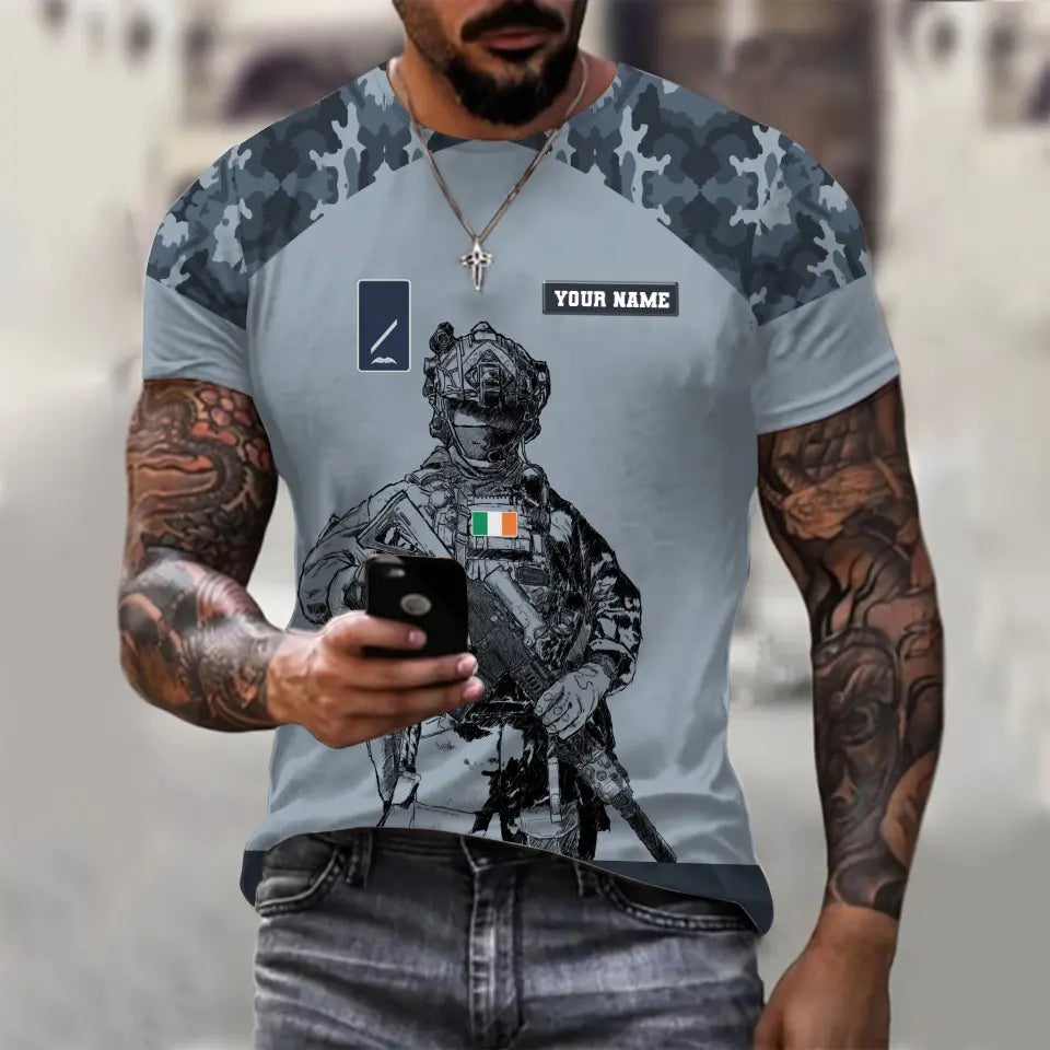 T-shirt personnalisé avec camouflage soldat/vétéran irlandais avec nom et grade imprimé en 3D - 1212230001
