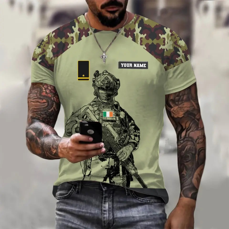Personalized Ireland Soldier/ Veteran Camo With Name And Rank T-shirt 3D Printed  - 1212230001