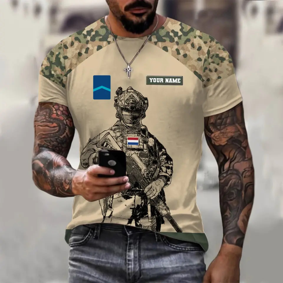 T-shirt personnalisé avec camouflage soldat/vétéran néerlandais avec nom et grade imprimé en 3D - 1212230001