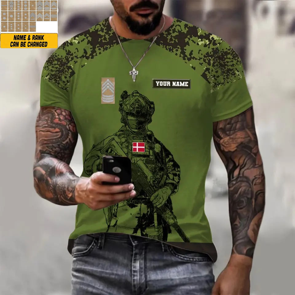 Personalized Denmark Soldier/ Veteran Camo With Name And Rank  T-shirt 3D Printed  - 17023392