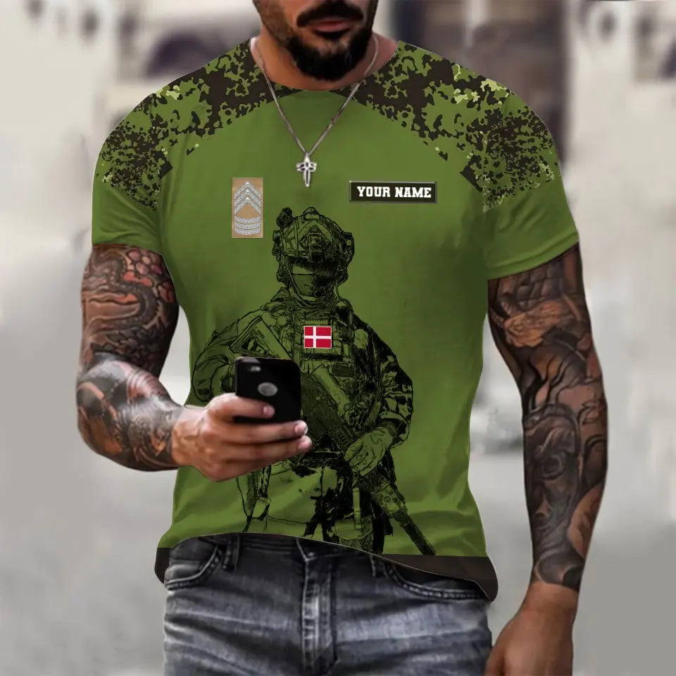 Personalized Denmark Soldier/ Veteran Camo With Name And Rank  T-shirt 3D Printed  - 1212230001