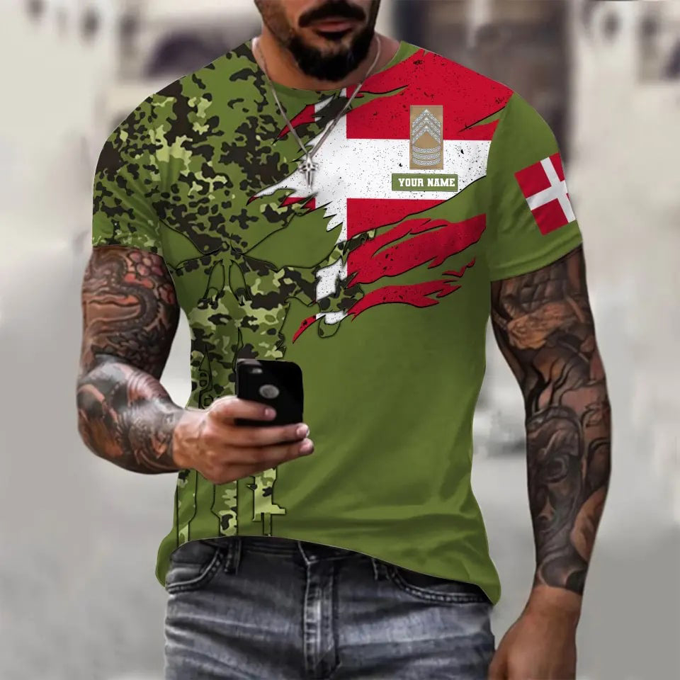 Personalized Denmark Soldier/ Veteran Camo With Name And Rank  T-shirt 3D Printed  - 0311230001
