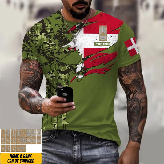 Personalized Denmark Soldier/ Veteran Camo With Name And Rank  T-shirt 3D Printed  - 0311230001