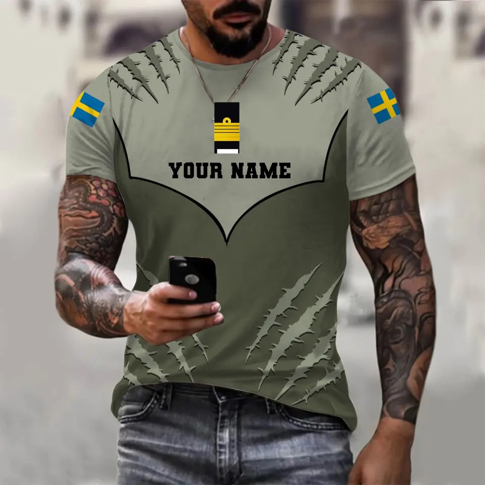 Personalized Sweden Soldier/ Veteran Camo With Name And Rank T-shirt 3D Printed  -1312230001