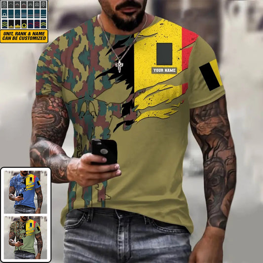 T-shirt personnalisé avec camouflage soldat/vétéran belge avec nom et grade imprimé en 3D - 0311230001