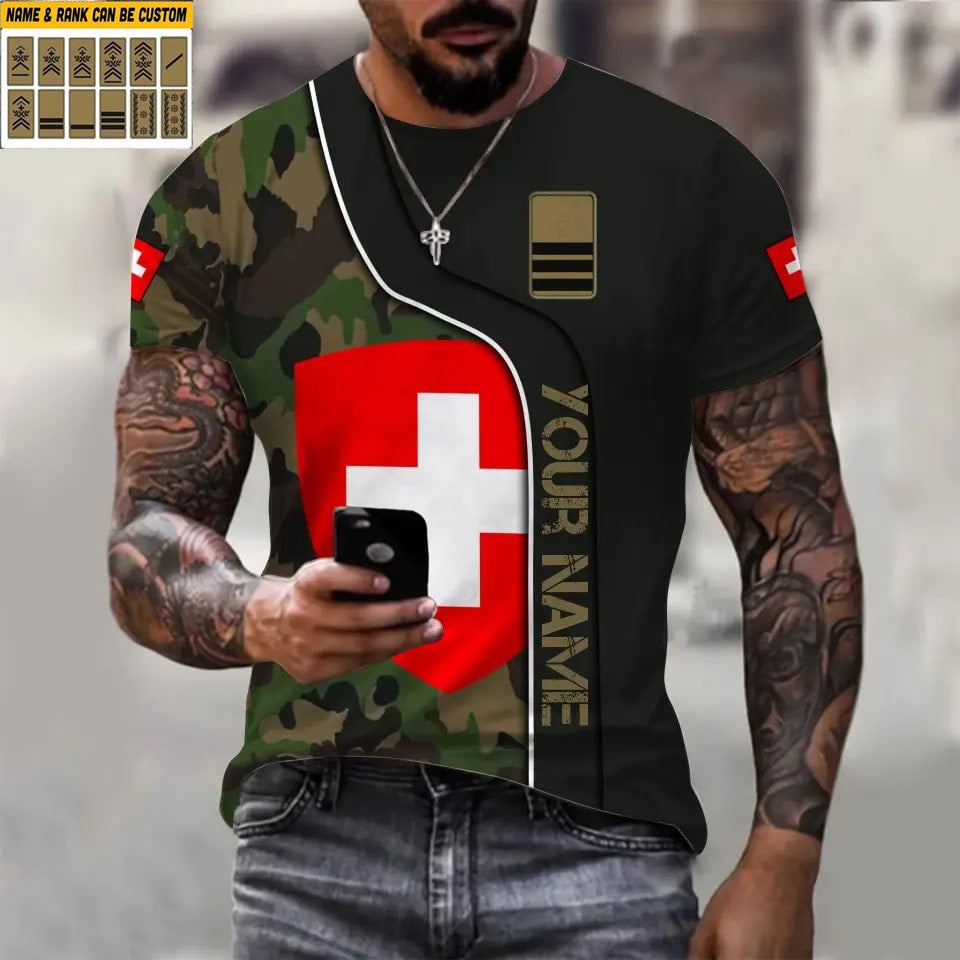 Personalized Swiss Soldier/ Veteran Camo With Name And Rank T-shirt 3D Printed - 1011230004