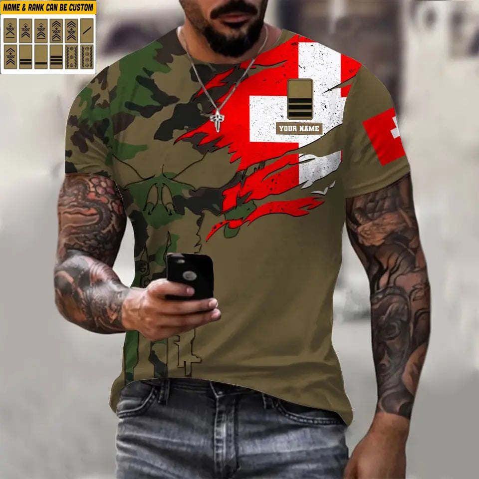 T-shirt personnalisé avec camouflage soldat/vétéran suisse avec nom et grade imprimé en 3D - 1011230001