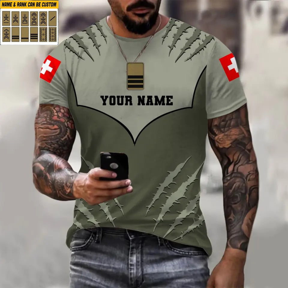 T-shirt personnalisé avec camouflage soldat/vétéran suisse avec nom et grade imprimé en 3D - 1312230001