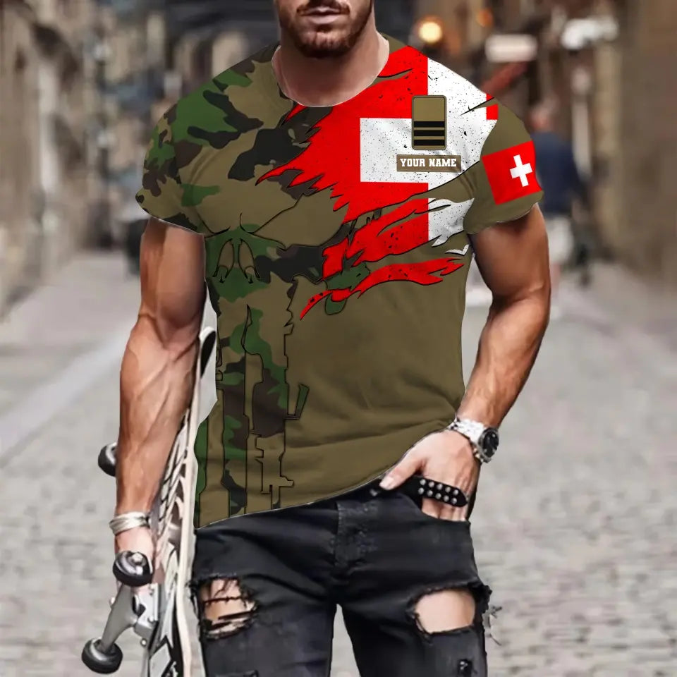T-shirt personnalisé avec camouflage soldat/vétéran suisse avec nom et grade imprimé en 3D - 1011230001