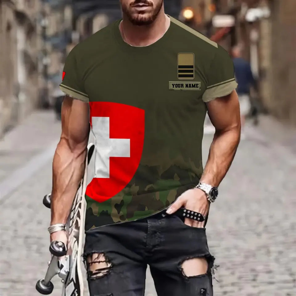 T-shirt personnalisé avec camouflage soldat/vétéran suisse avec nom et grade imprimé en 3D - 1011230003