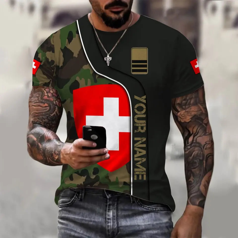 T-shirt personnalisé avec camouflage soldat/vétéran suisse avec nom et grade imprimé en 3D - 1011230004
