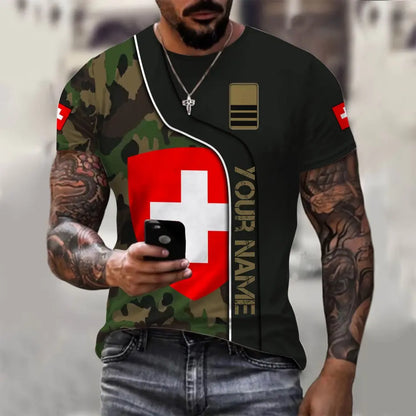 T-shirt personnalisé avec camouflage soldat/vétéran suisse avec nom et grade imprimé en 3D - 1011230004