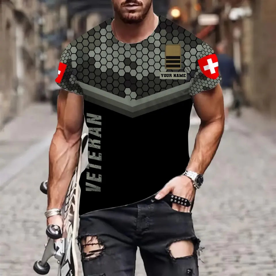 T-shirt personnalisé avec camouflage soldat/vétéran suisse avec nom et grade imprimé en 3D - 1011230005