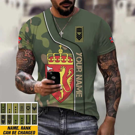 T-shirt personnalisé avec camouflage soldat/vétéran norvégien avec nom et grade imprimé en 3D - 1011230004