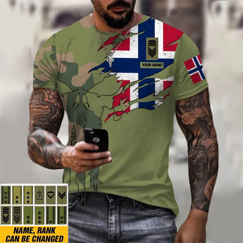 Personalized Norway Soldier/ Veteran Camo With Name And Rank T-shirt 3D Printed  - 16995744