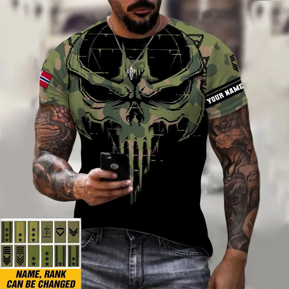 T-shirt personnalisé avec camouflage soldat/vétéran norvégien avec nom et grade imprimé en 3D - 2010230001