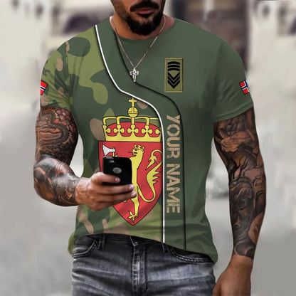 Personalisiertes T-Shirt mit norwegischem Soldaten-/Veteranen-Tarnmuster mit Namen und Rang, 3D-Druck – 1011230004