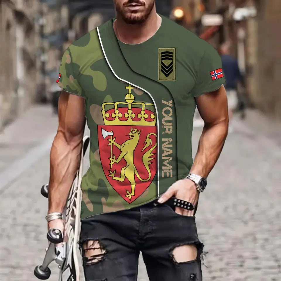 Personalisiertes T-Shirt mit norwegischem Soldaten-/Veteranen-Tarnmuster mit Namen und Rang, 3D-Druck – 1011230004