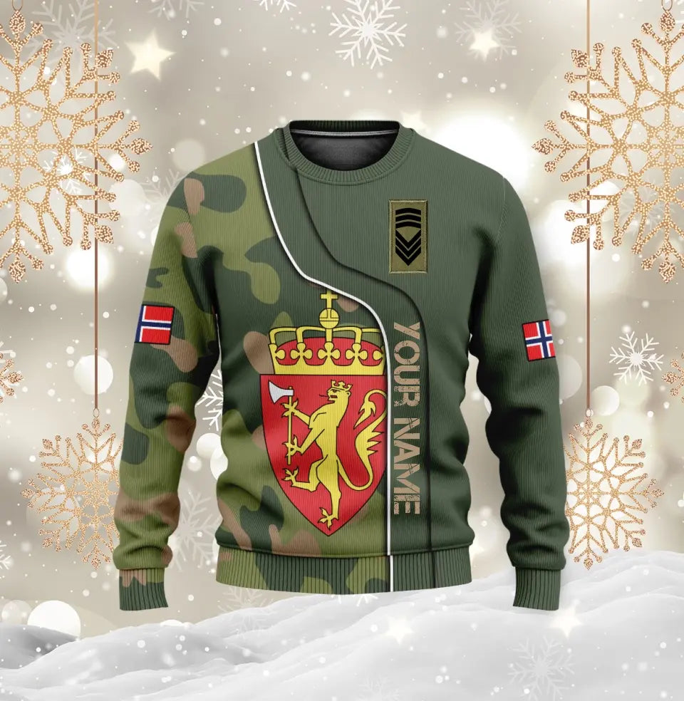 Personalisiertes T-Shirt mit norwegischem Soldaten-/Veteranen-Tarnmuster mit Namen und Rang, 3D-Druck – 1011230004