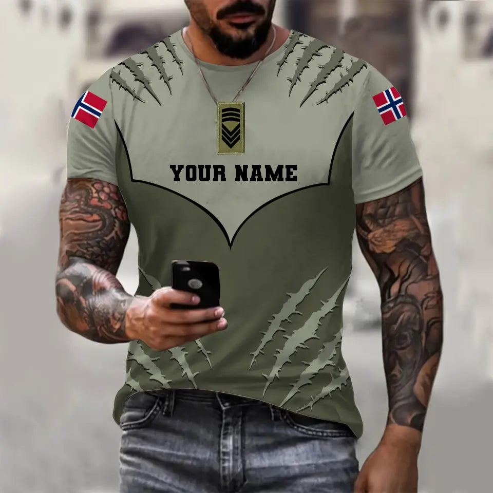 Personalisiertes T-Shirt mit norwegischem Soldaten-/Veteranen-Tarnmuster mit Namen und Rang, 3D-Druck – 1312230001