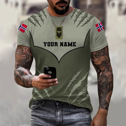 Personalisiertes T-Shirt mit norwegischem Soldaten-/Veteranen-Tarnmuster mit Namen und Rang, 3D-Druck – 1312230001