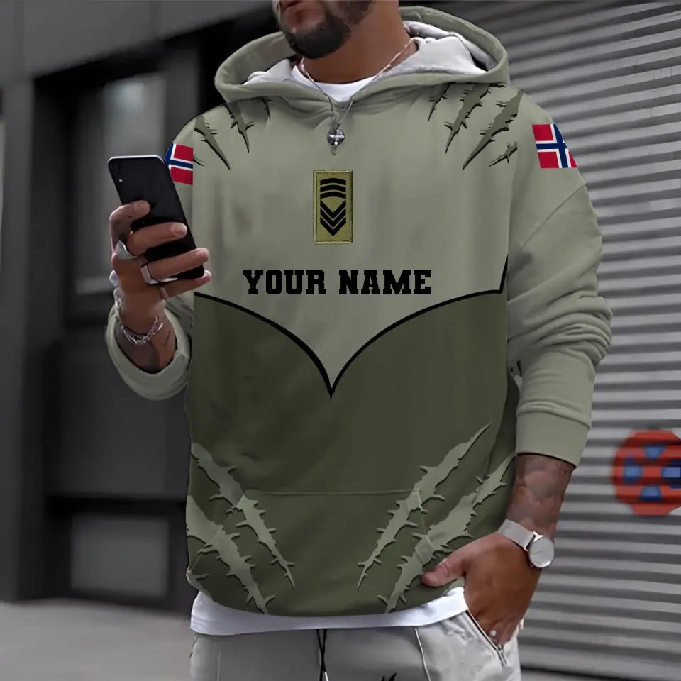 Personalisiertes T-Shirt mit norwegischem Soldaten-/Veteranen-Tarnmuster mit Namen und Rang, 3D-Druck – 1312230001