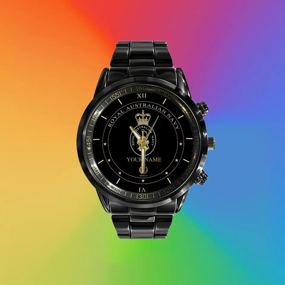 Personalized Australian Soldier/ Veteran With Name And Rank Black Stainless Steel Watch - 17096832 - Gold Version