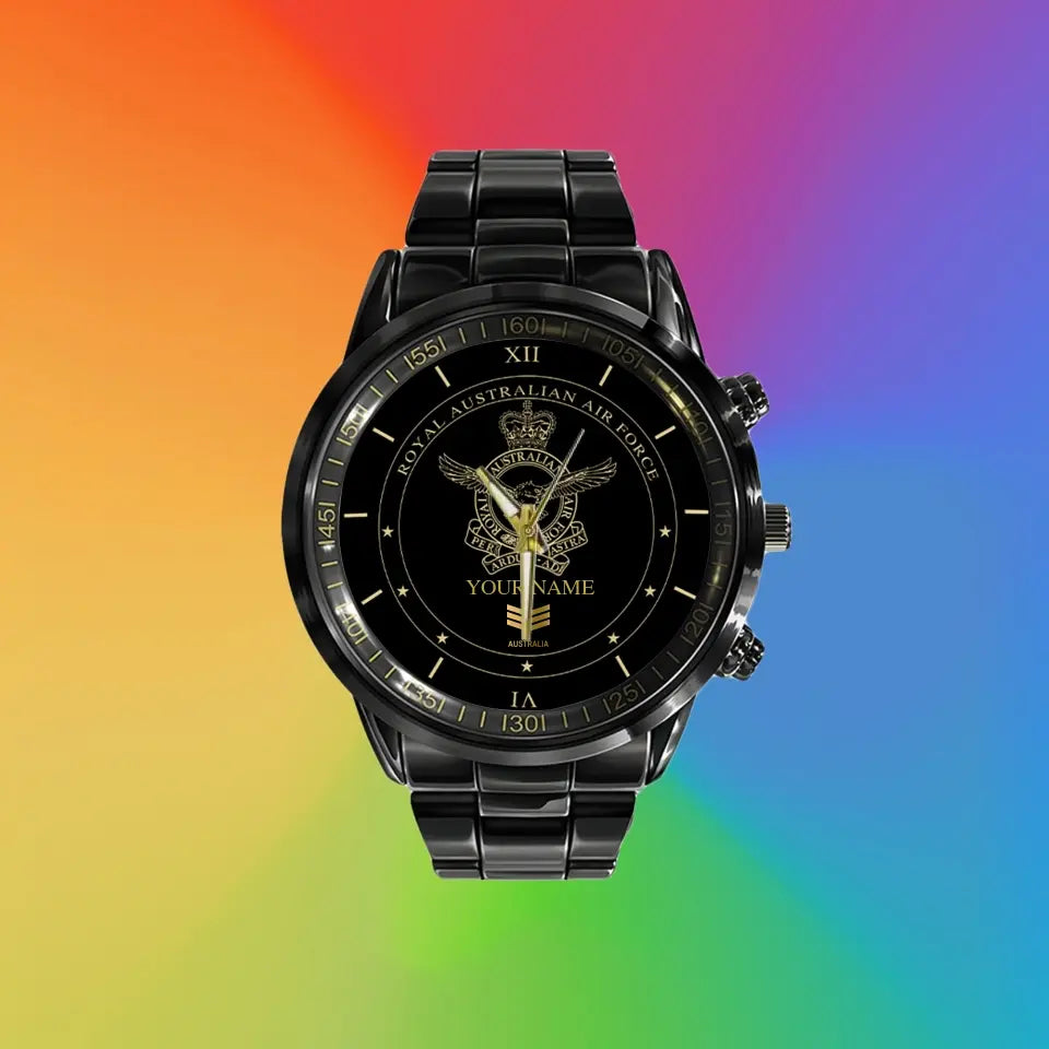 Personalized Australian Soldier/ Veteran With Name And Rank Black Stainless Steel Watch - 17096832 - Gold Version