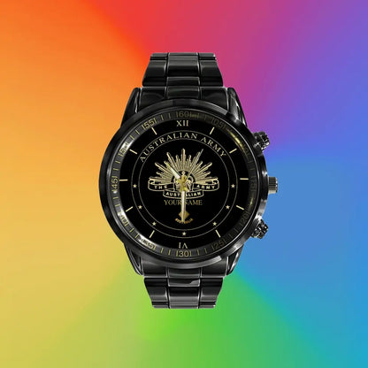 Personalized Australian Soldier/ Veteran With Name And Rank Black Stainless Steel Watch - 17096832 - Gold Version