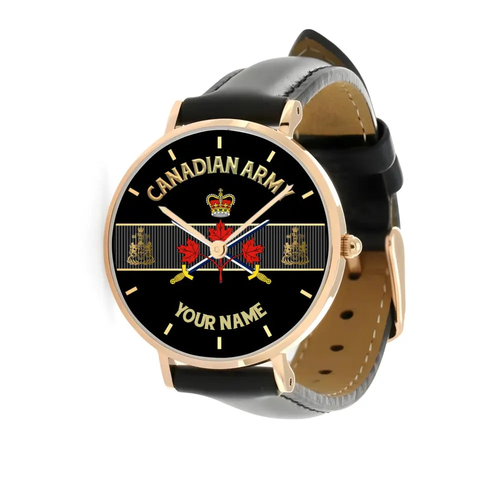 Personalized Canada Soldier/ Veteran With Name And Rank Black Stitched Leather Watch - 0703240001 - Gold Version