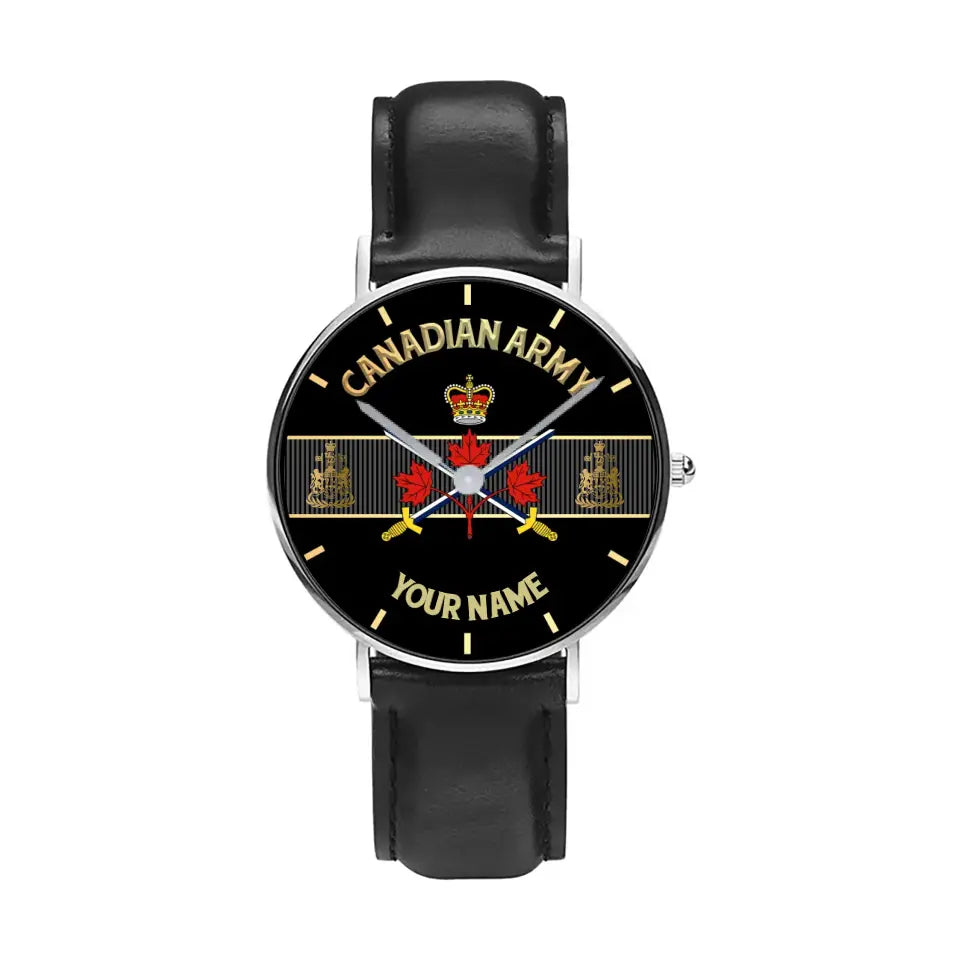 Personalized Canada Soldier/ Veteran With Name And Rank Black Stitched Leather Watch - 0703240001 - Gold Version