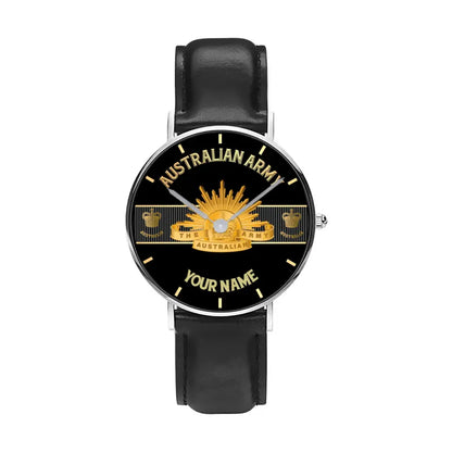 Personalized Australian Soldier/ Veteran With Name And Rank Black Stitched Leather Watch - 0703240001 - Gold Version