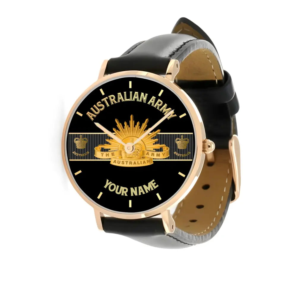Personalized Australian Soldier/ Veteran With Name And Rank Black Stitched Leather Watch - 0703240001 - Gold Version