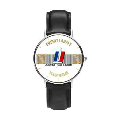 Personalized France Soldier/ Veteran With Name And Rank Black Stitched Leather Watch - 17097696 - Gold Version