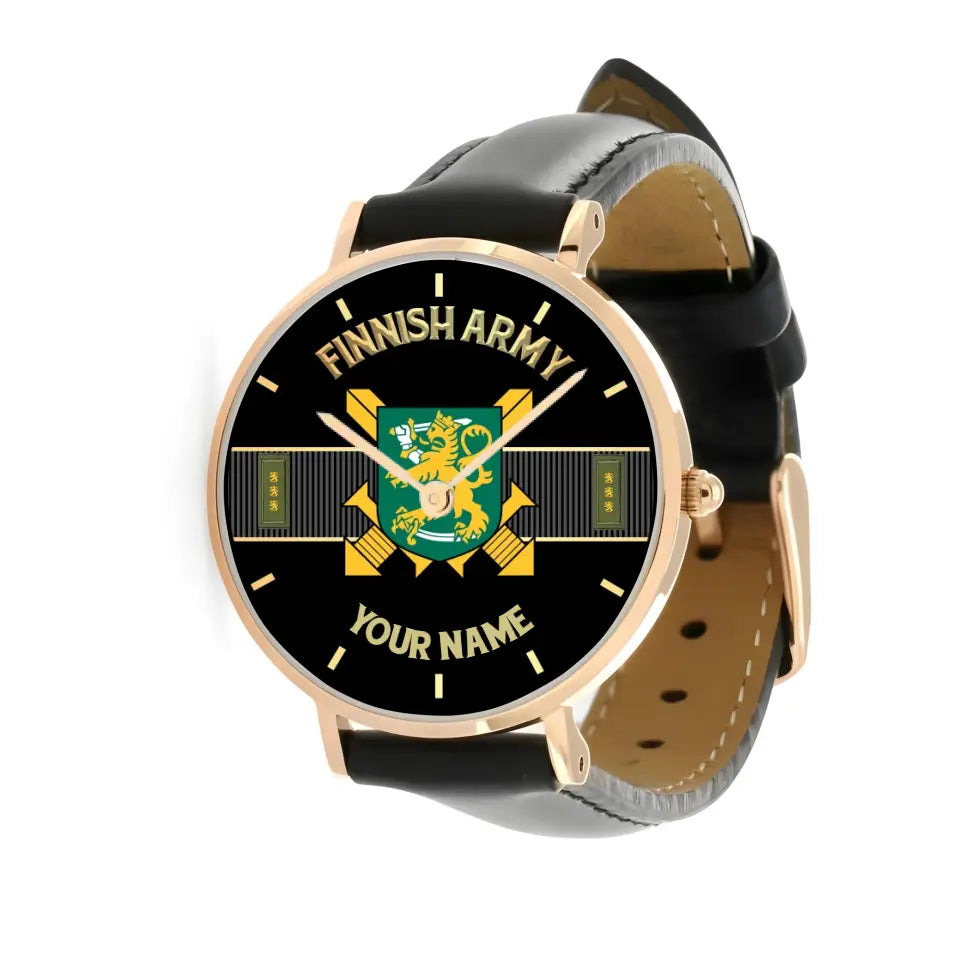 Personalized Finland Soldier/ Veteran With Name And Rank Black Stitched Leather Watch - 0703240001