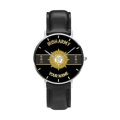 Personalized Ireland Soldier/ Veteran With Name And Rank Black Stitched Leather Watch - 17097696 - Gold Version