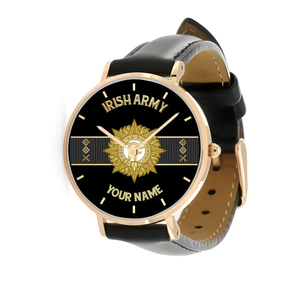 Personalized Ireland Soldier/ Veteran With Name And Rank Black Stitched Leather Watch - 17097696 - Gold Version