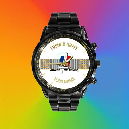 Personalized France Soldier/ Veteran With Name And Rank Black Stainless Steel Watch - 17097696 - Gold Version