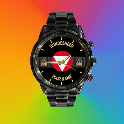 Personalisierte österreichische Soldat/Veteran mit Namen und Rang schwarze Edelstahluhr - 0703240001 - Goldversion